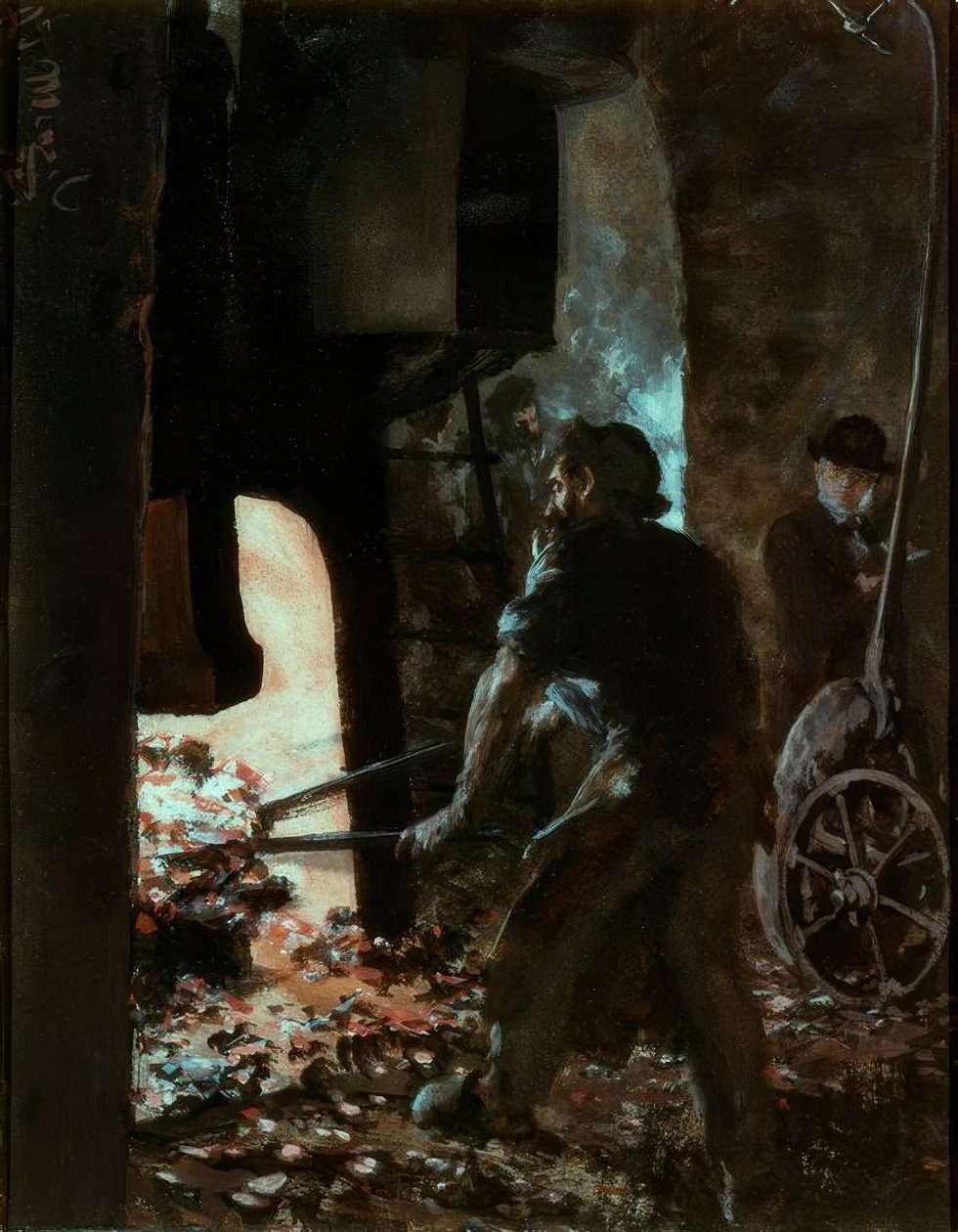 Autoportrait avec ouvrier au marteau-pilon - Adolph Menzel