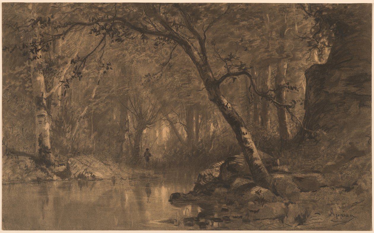 Une rivière boisée avec un pêcheur - Adolphe Appian