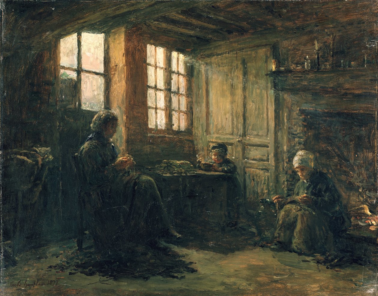 Femmes effilochant du lin, Honfleur - Adolphe Felix Cals