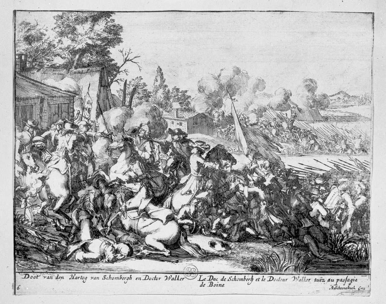 Le duc de Schomberg et le docteur Walker sont tués à la bataille de la Boyne, 1690 - Adriaan Schoonebeek