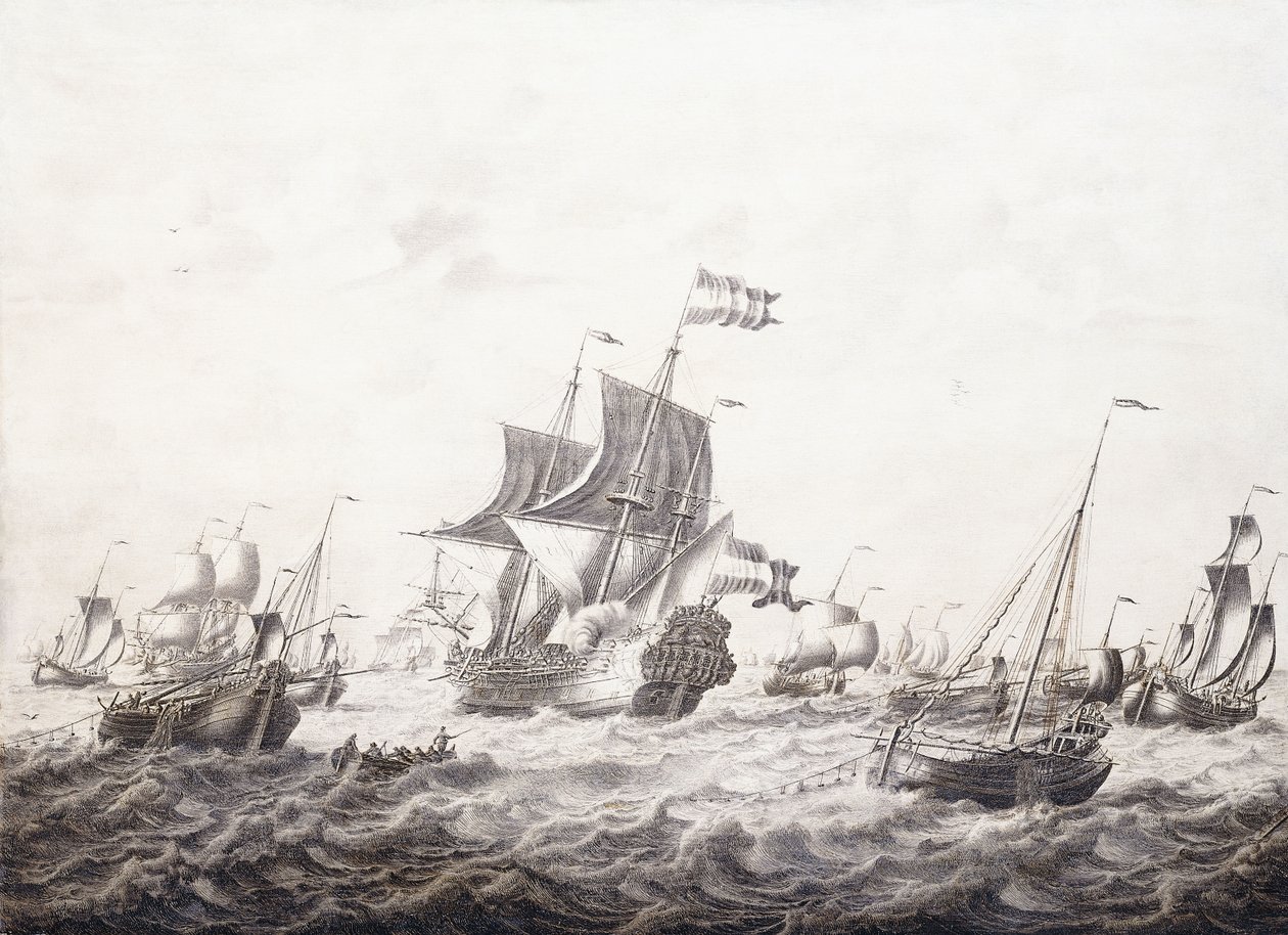 Navires de guerre brisant les filets des pêcheurs - Adriaen van Salm