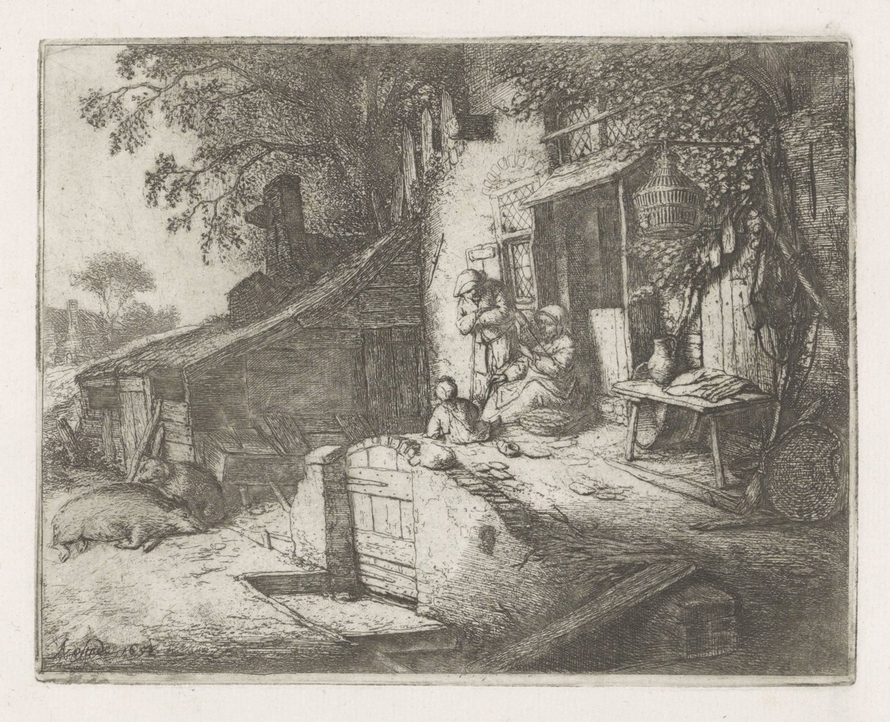 Femme filant devant une maison - Adriaen van Ostade