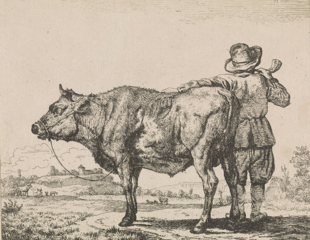 Homme debout avec un taureau - Adriaen van de Velde