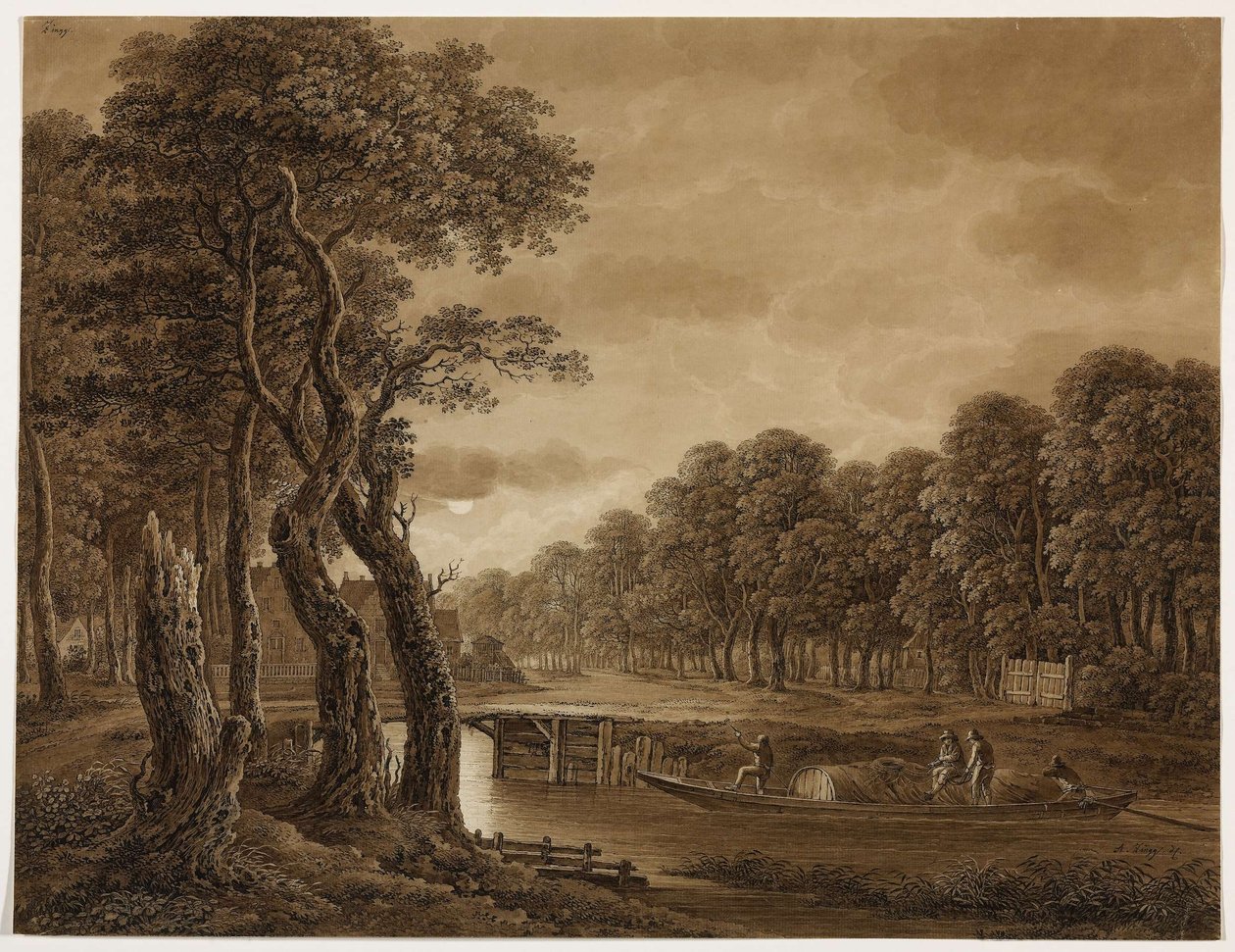 Paysage au clair de lune avec bateau cargo - Adrian Zingg