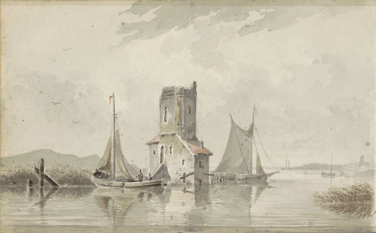 Paysage fluvial avec une tour - Adrianus Eversen