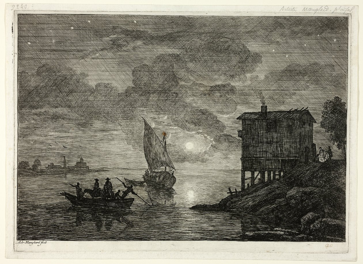 Scène de port au clair de lune avec ferry - Adrien Manglard