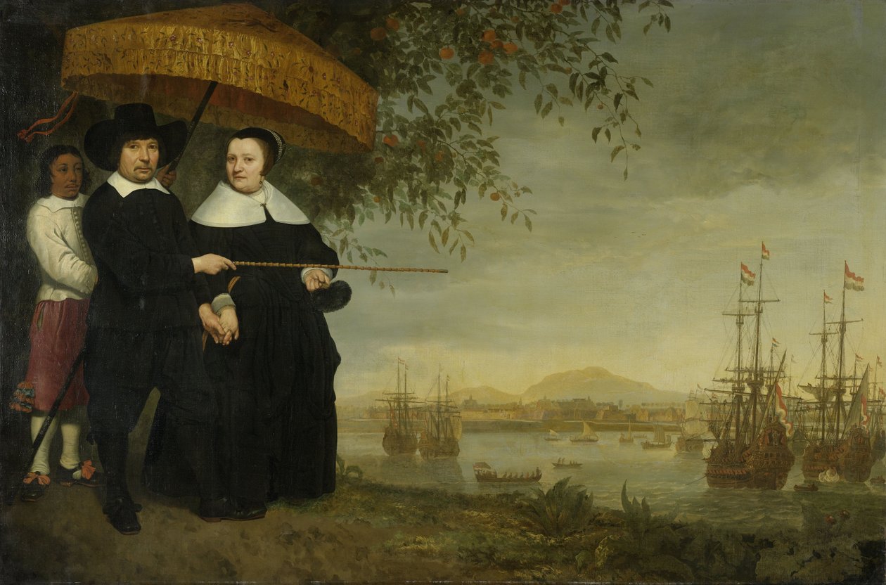 Un marchand principal de la Compagnie néerlandaise des Indes orientales Jacob Mathieusen et sa femme à Batavia où les navires de la Compagnie néerlandaise des Indes orientales se préparent à rentrer chez eux vers 1640-60 - Aelbert Cuyp