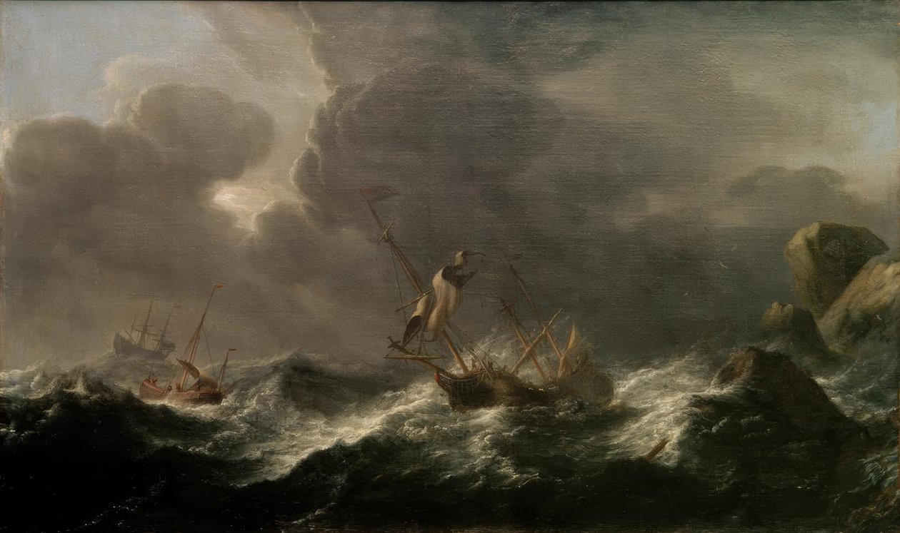 Navires en détresse devant une côte rocheuse - Aernout Smit