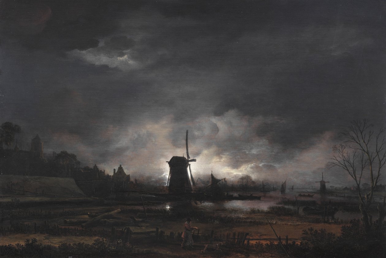 Paysage au clair de lune avec un moulin à vent, début à mi-1650s - Aert van der Neer