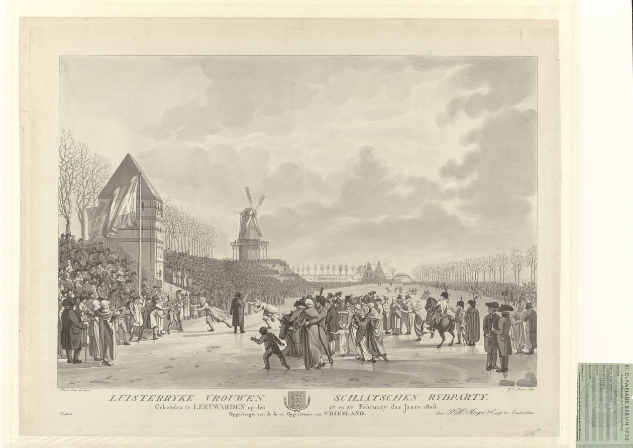 Compétition de patinage sur glace Kortebaanschaatsen en 1805 à Leeuwarden près de la Vrouwenwaterpoort avec un moulin à vent au-delà. La gagnante était Trijntje Pieters Westra - After Aldert Jacobs van der Poort  