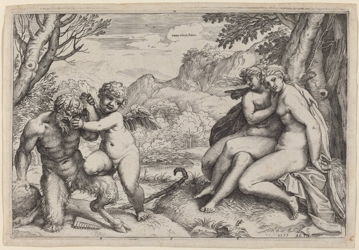 Pan apprivoisant Éros - Agostino Carracci
