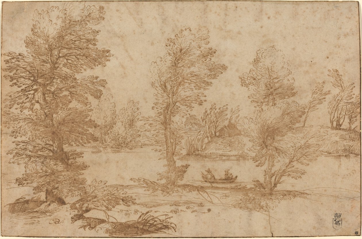 Rivière boisée avec un bateau - Agostino Carracci