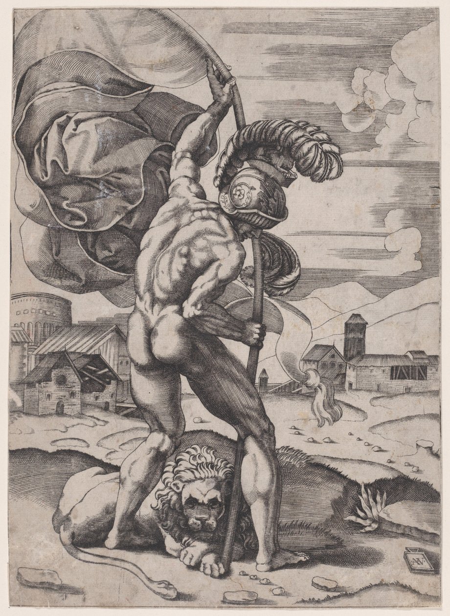 Homme avec un drapeau, vers 1514-1536 - Agostino Veneziano