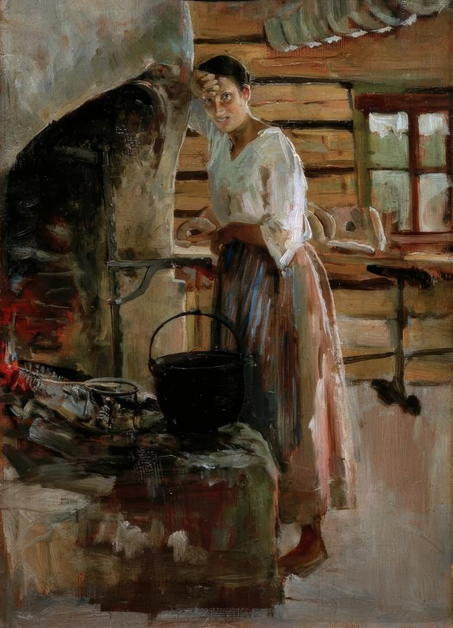 Femme cuisinant des marènes - Akseli Valdemar Gallen Kallela