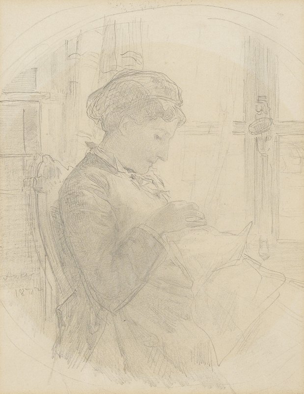 Femme tricotant devant une fenêtre - Albert Anker