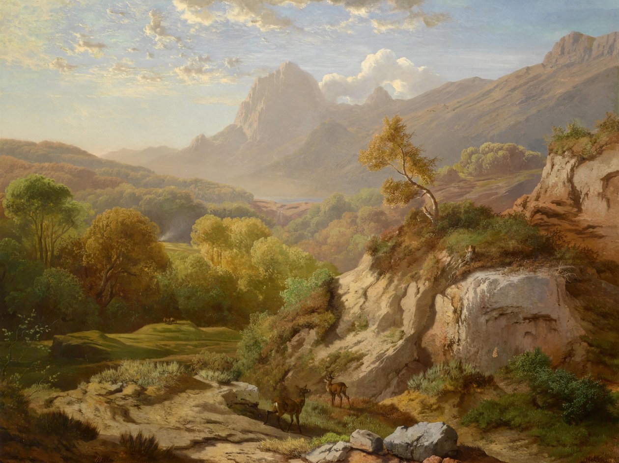 Cerfs dans un vaste paysage montagneux - Albert August Zimmermann