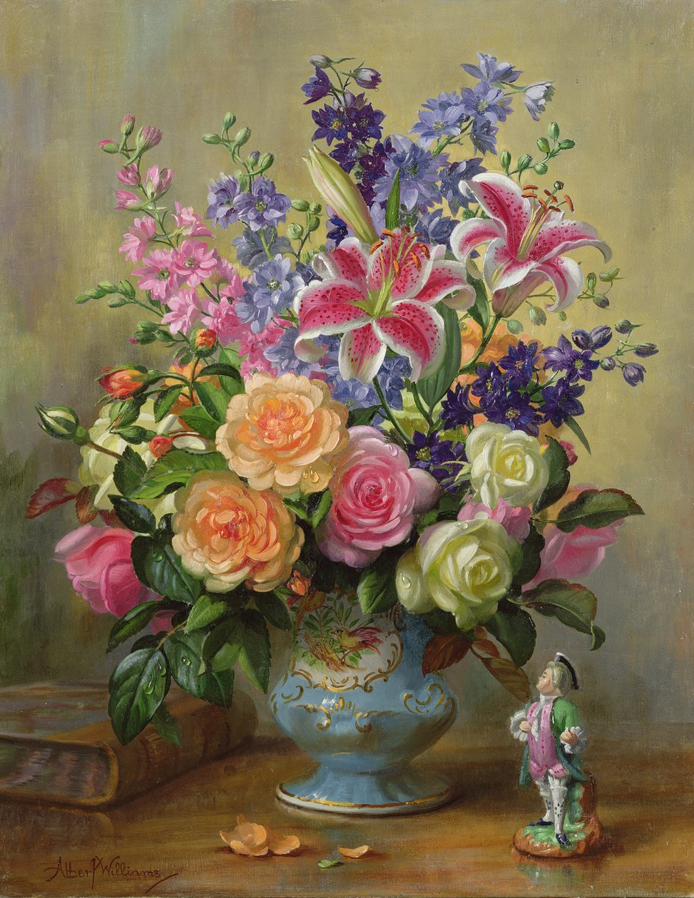 Nature morte de roses, lys et delphiniums - Albert Williams