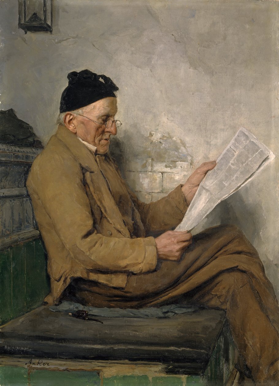 Fermier lisant sur le banc du poêle - Albert Anker