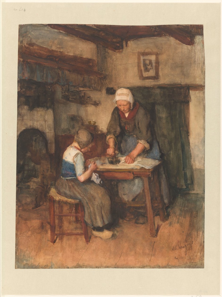 Intérieur avec femme repassant et enfant cousant - Albert  Neuhuys