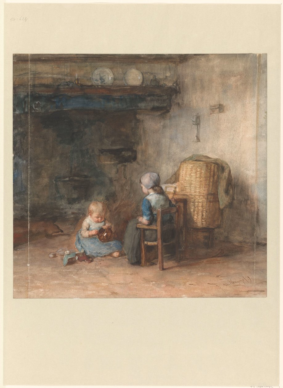 Deux enfants dans un intérieur paysan - Albert  Neuhuys