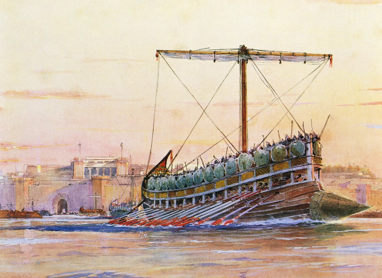 Galère assyrienne, aquarelle d