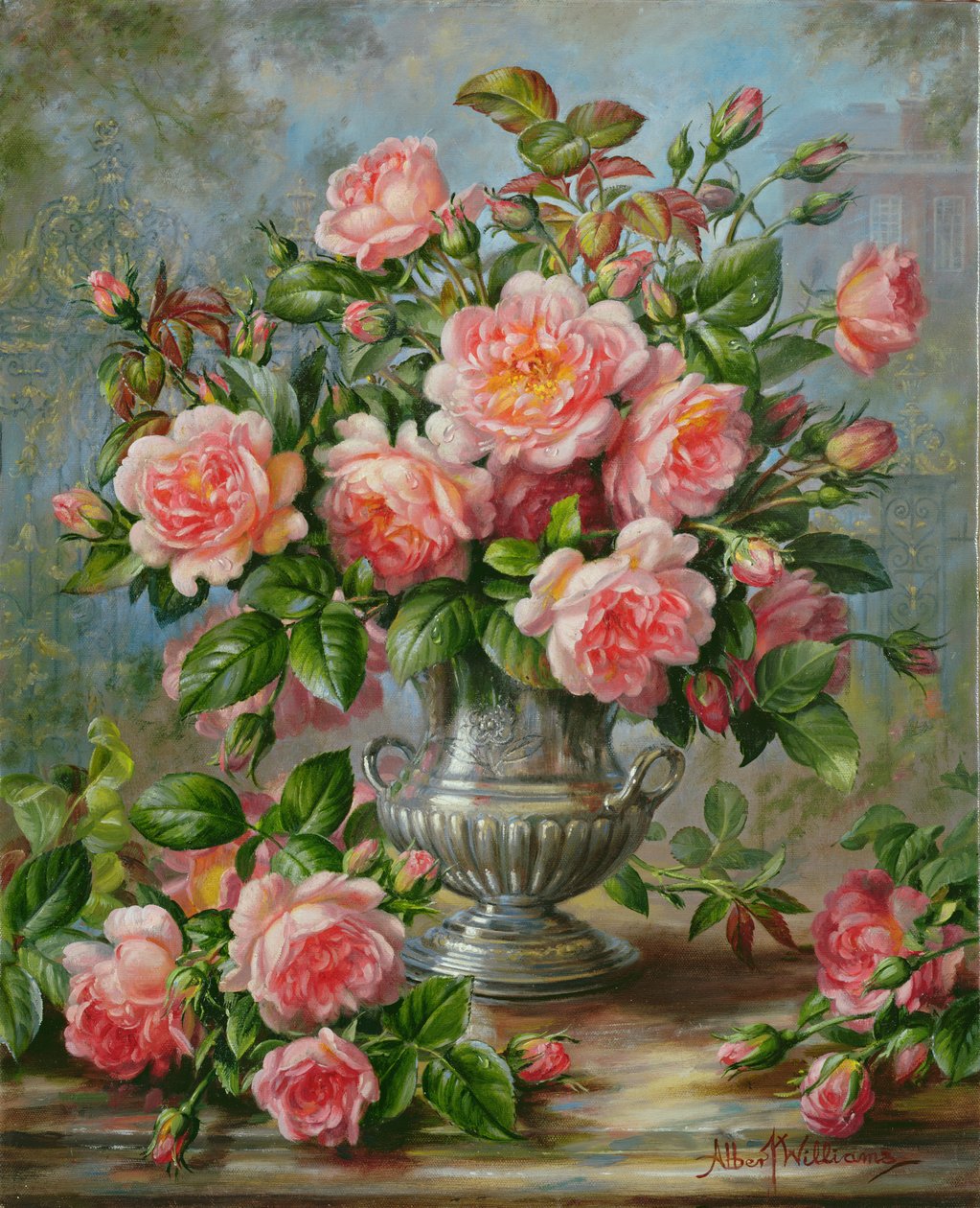 Élégance anglaise : Roses dans un vase en argent - Albert Williams