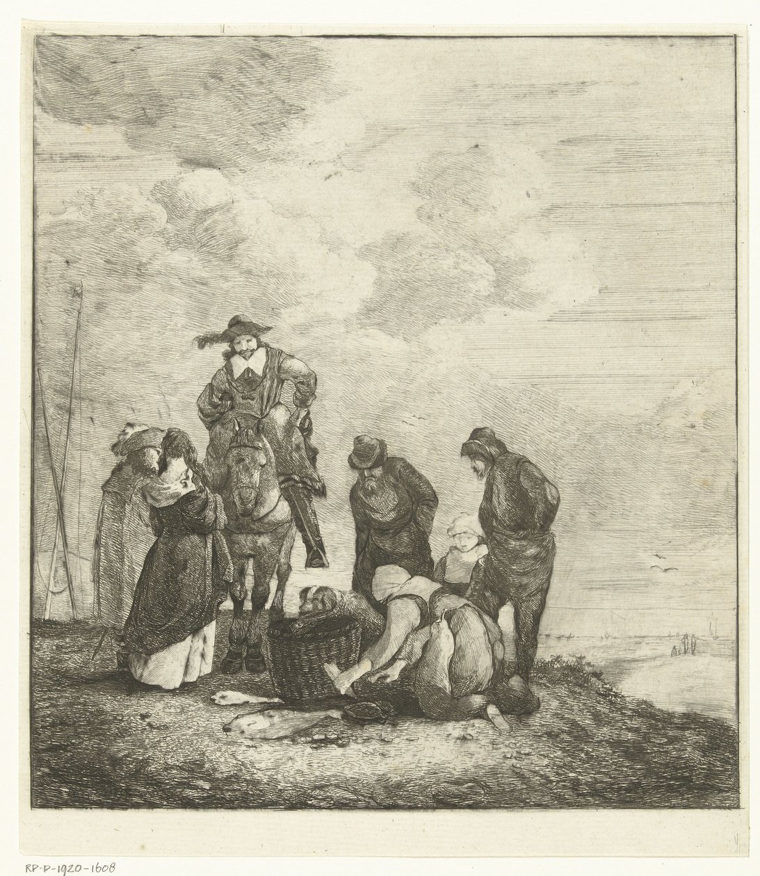 Poissonnière avec clients sur la plage - Albertus Brondgeest