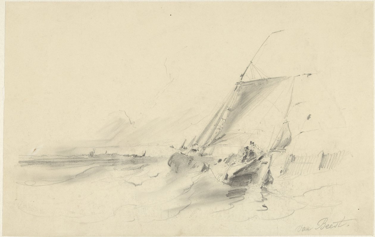 Vue de mer avec bateau dans une eau agitée - Albertus van Beest