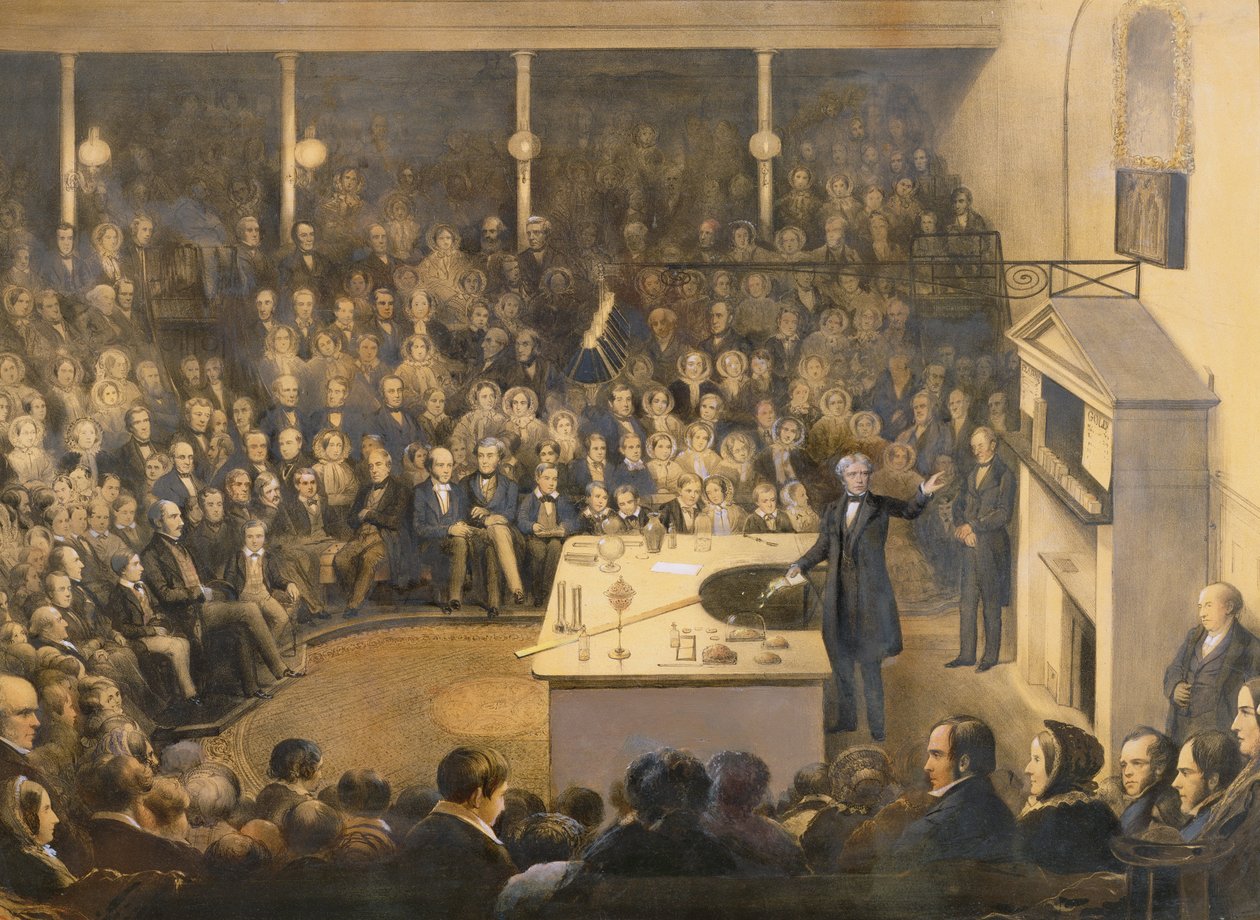 Michael Faraday (1791-1867) donnant une conférence dans le théâtre de la Royal Institution, c.1856 - Alexander Blaikley