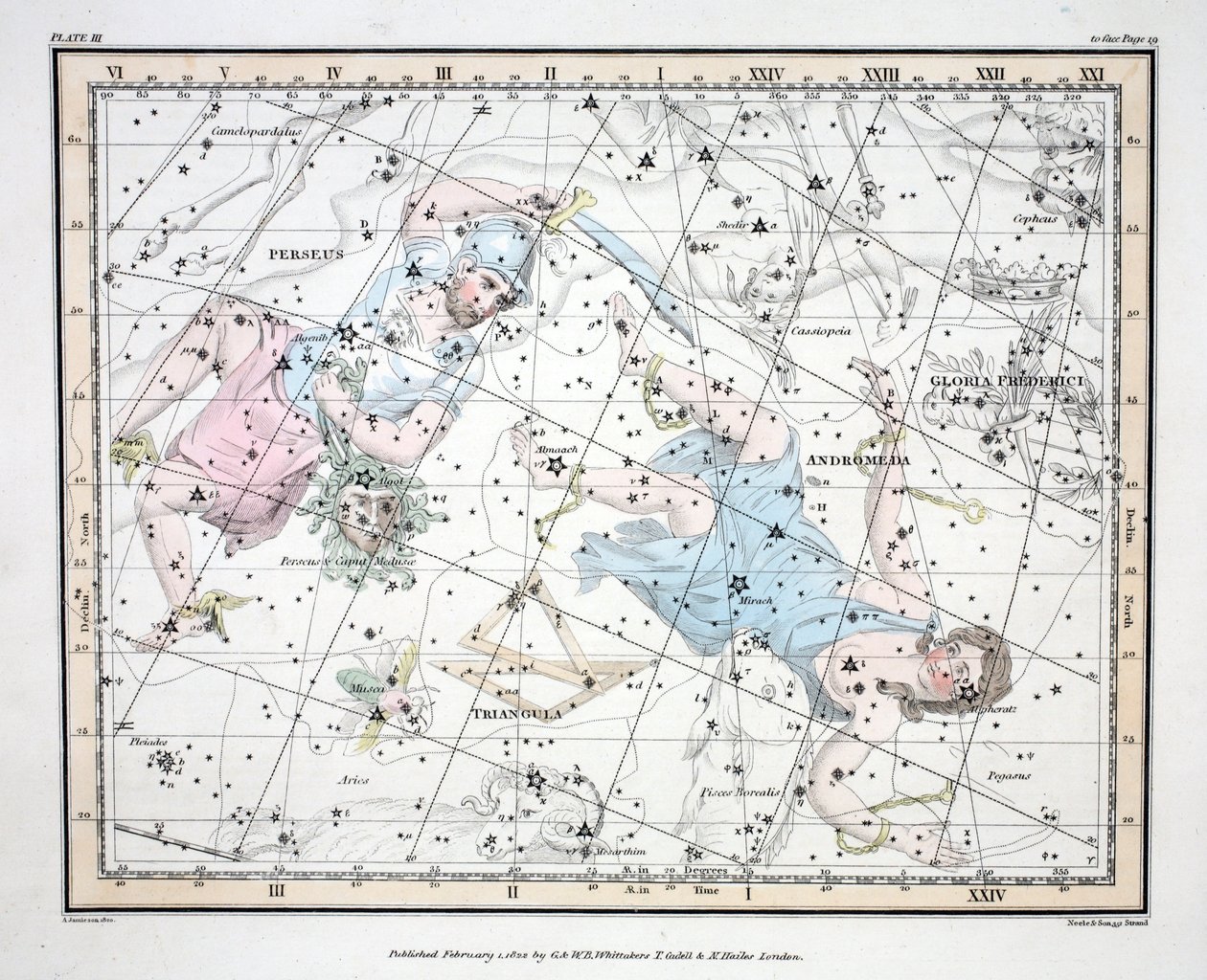 Les constellations (Planche III) Andromède, Triangula, Persée et la tête de Méduse, Gloria Frederici, extrait de 