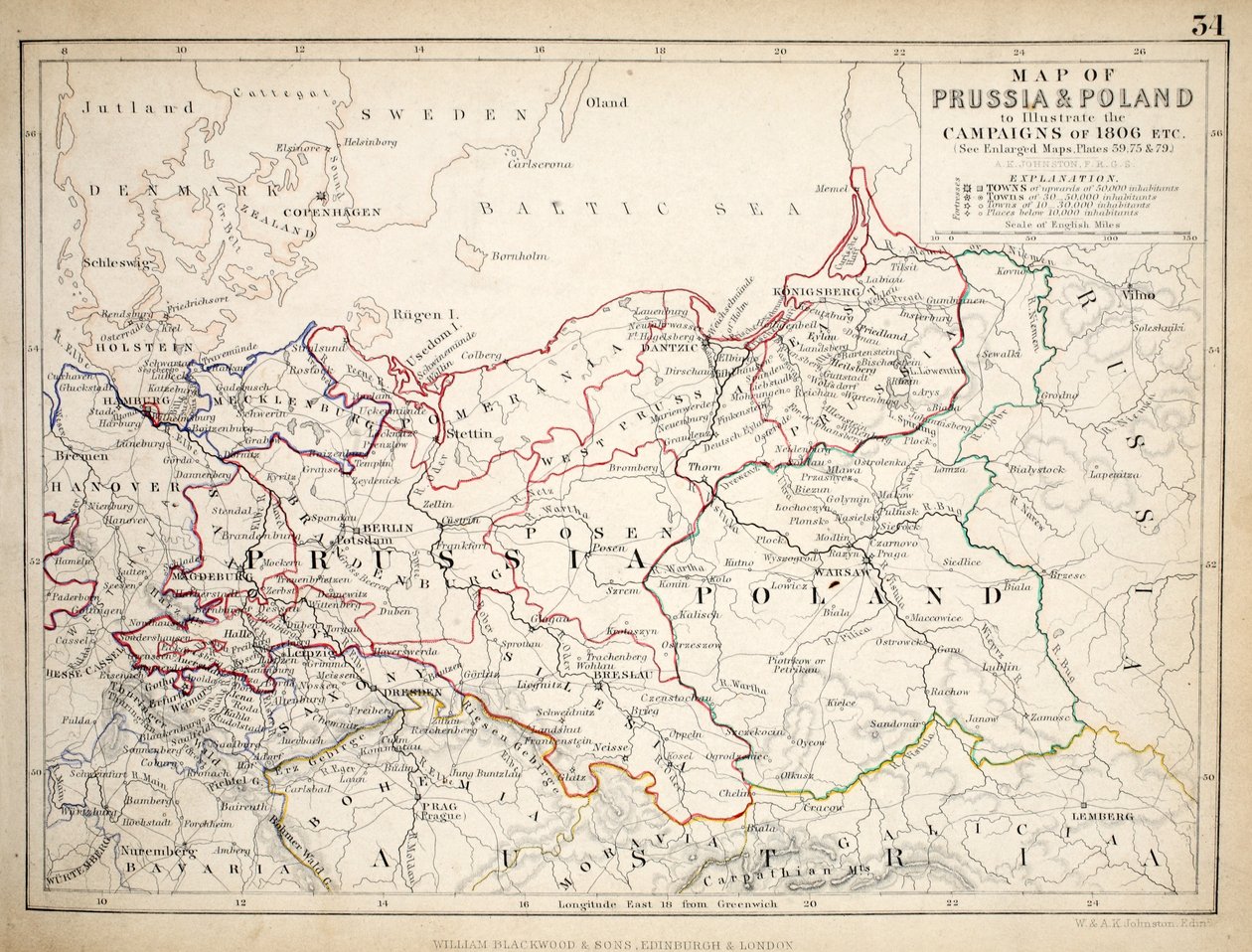 Carte de la Prusse et de la Pologne, publiée par William Blackwood and Sons, Édimbourg et Londres, 1848 - Alexander Keith Johnston