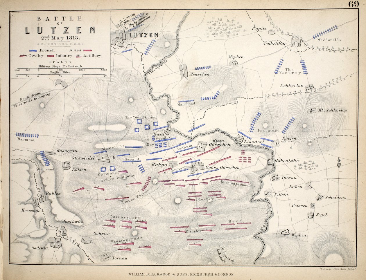 Carte de la bataille de Lützen, publiée par William Blackwood and Sons, Édimbourg et Londres, 1848 - Alexander Keith Johnston