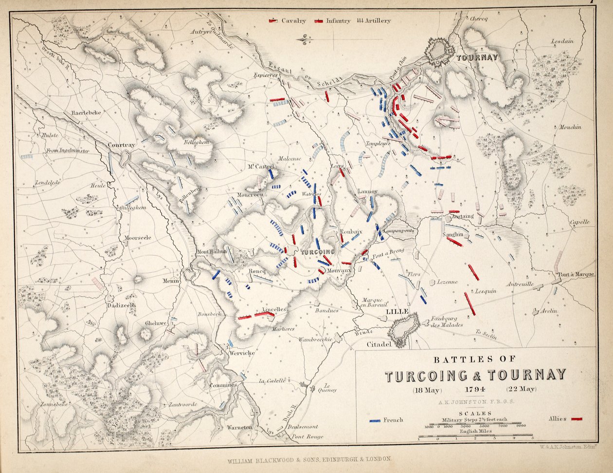 Carte des batailles de Turcoing et Tournay, publiée par William Blackwood and Sons, Édimbourg et Londres, 1848 - Alexander Keith Johnston