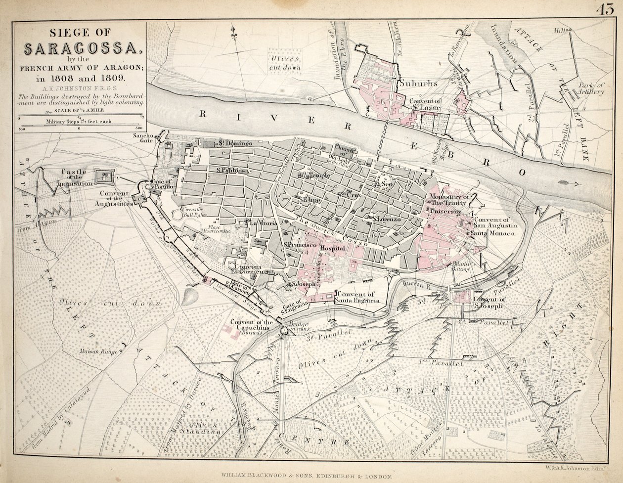 Carte du Siège de Saragosse, publiée par William Blackwood and Sons, Édimbourg et Londres, 1848 (gravure en couleur) - Alexander Keith Johnston