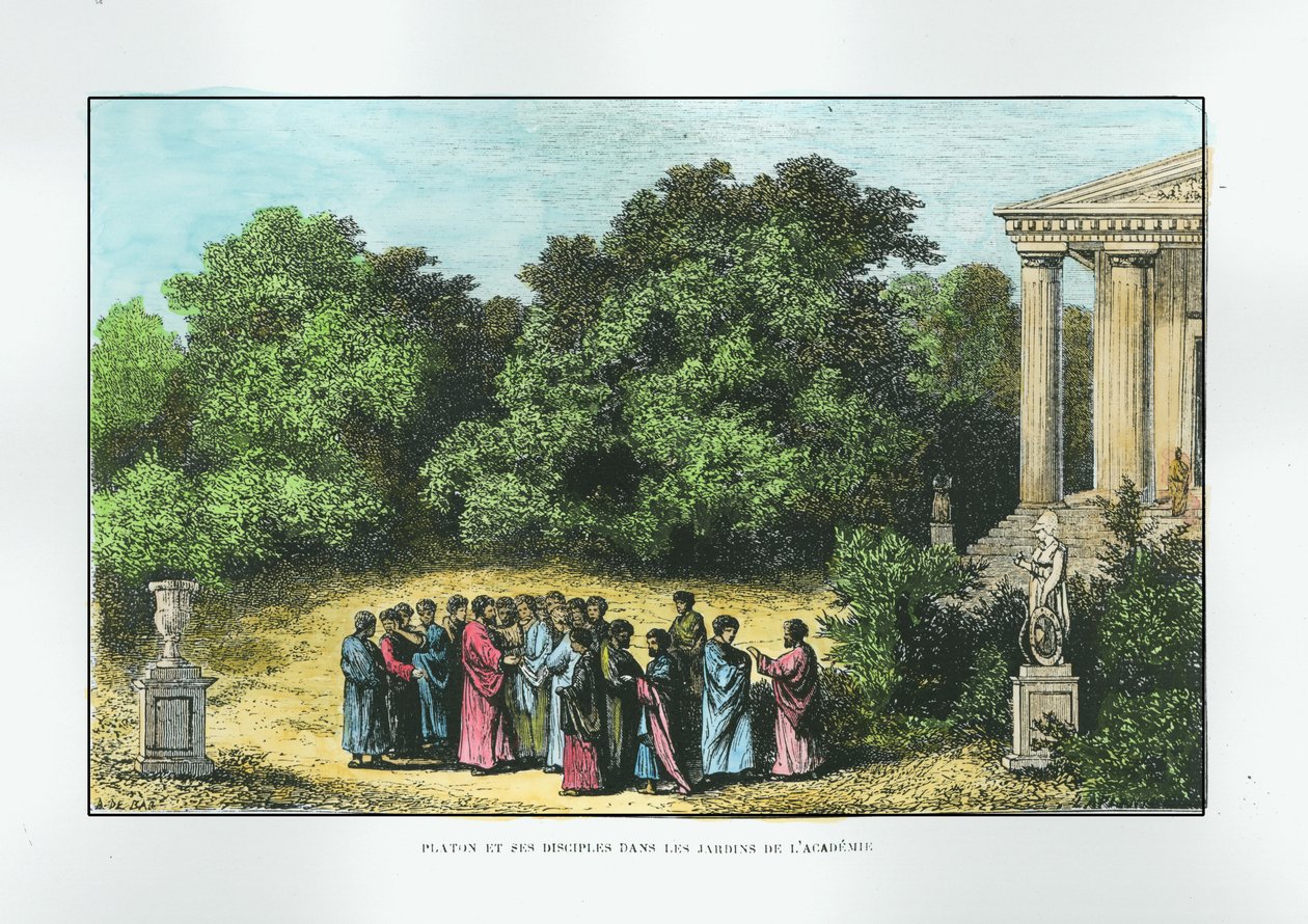Platon (c.427-c.348 av. J.-C.) et ses disciples dans le jardin de l