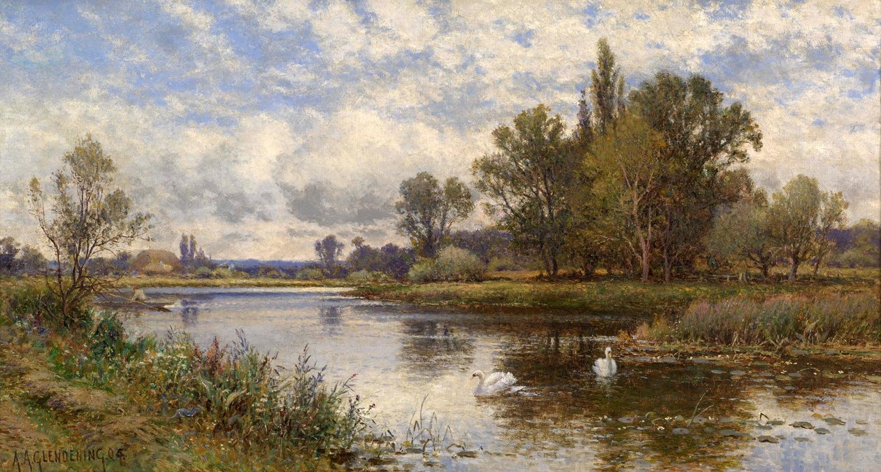 Scène de rivière avec cygnes - Alfred Augustus Glendening