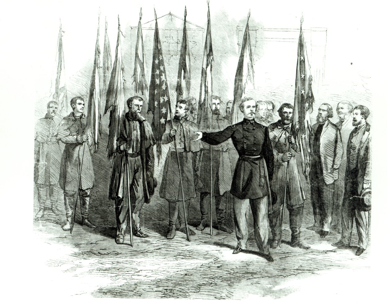 Le général Custer présentant des drapeaux confédérés capturés à Washington le 23 octobre 1864 - Alfred Rudolph Waud