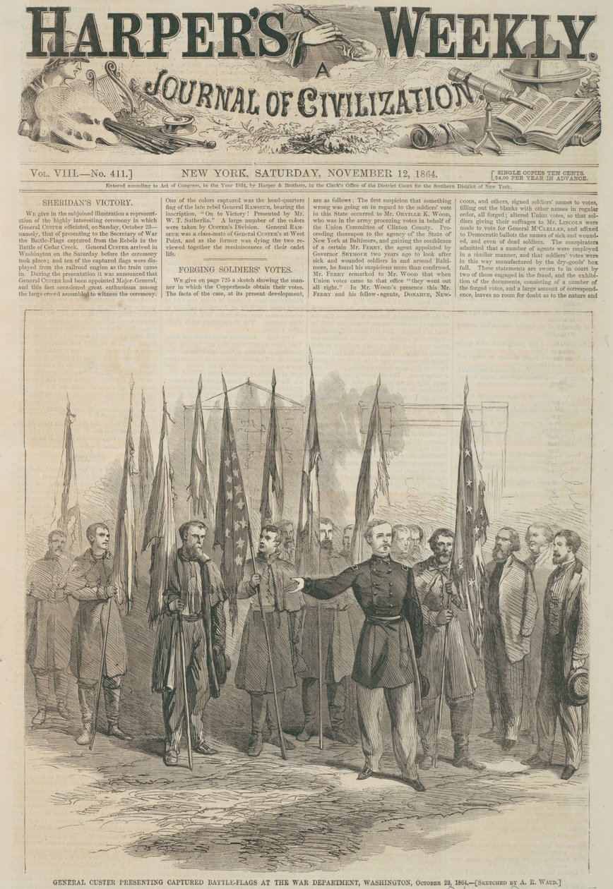 Le général Custer présentant des drapeaux de bataille capturés au département de la guerre, Washington, première page de 