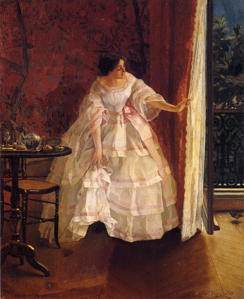 Dame à une fenêtre nourrissant des oiseaux - Alfred Emile Stevens