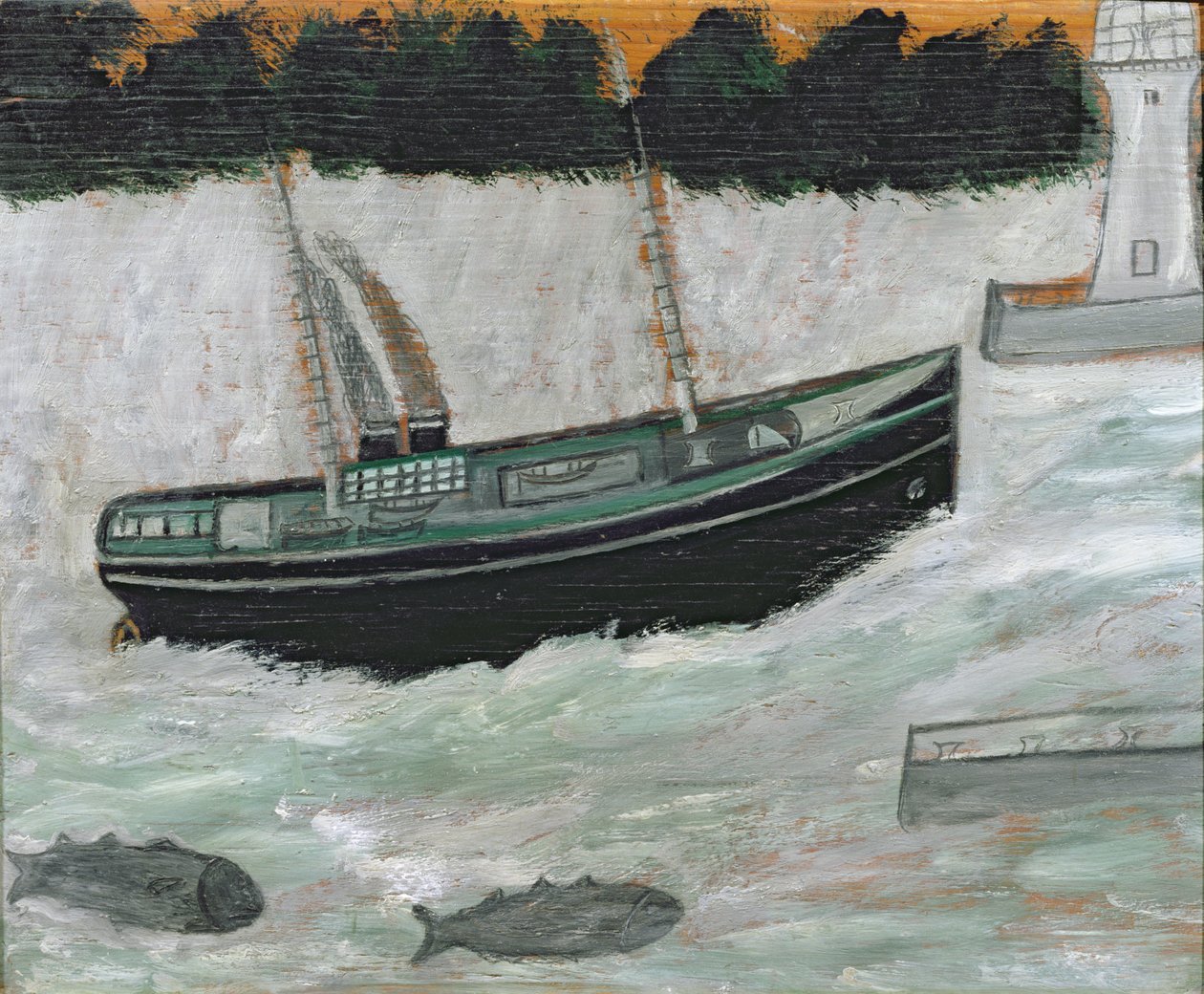 Phare avec chalutier et poisson - Alfred Wallis