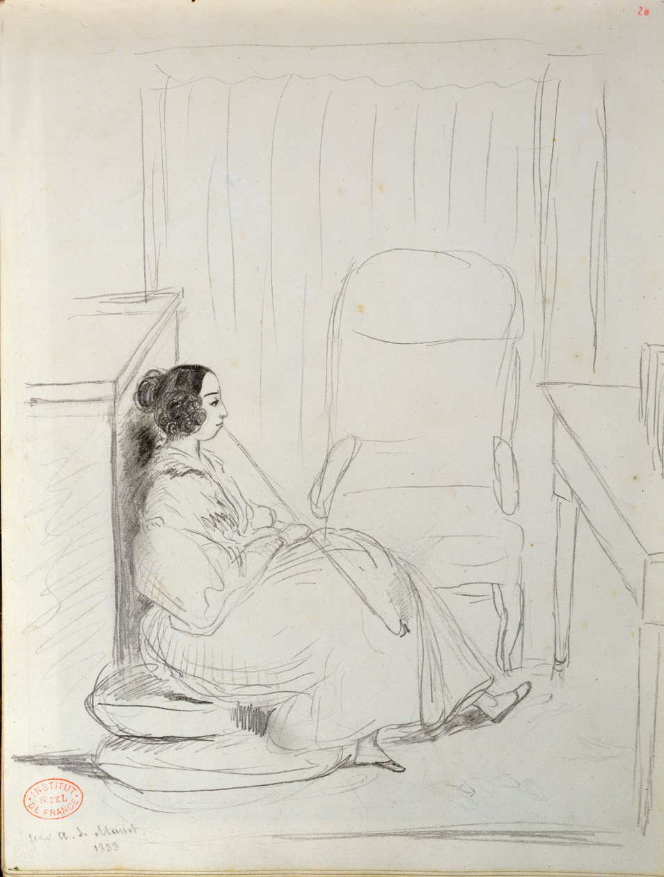 George Sand (1804-76) assise et fumant une pipe, 1833 - Alfred de Musset
