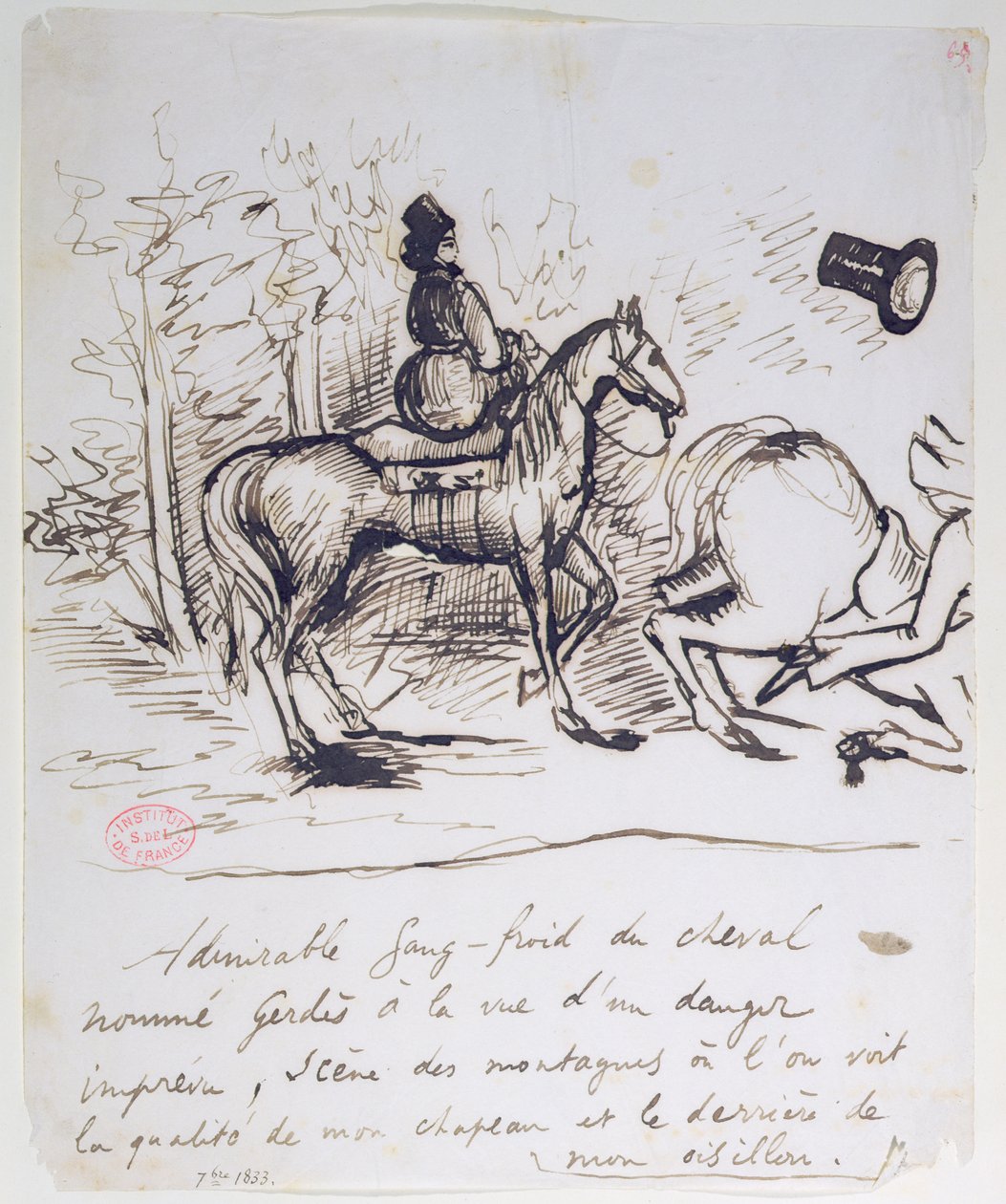 Le cheval de George Sand montrant du sang-froid derrière le cheval trébuchant d