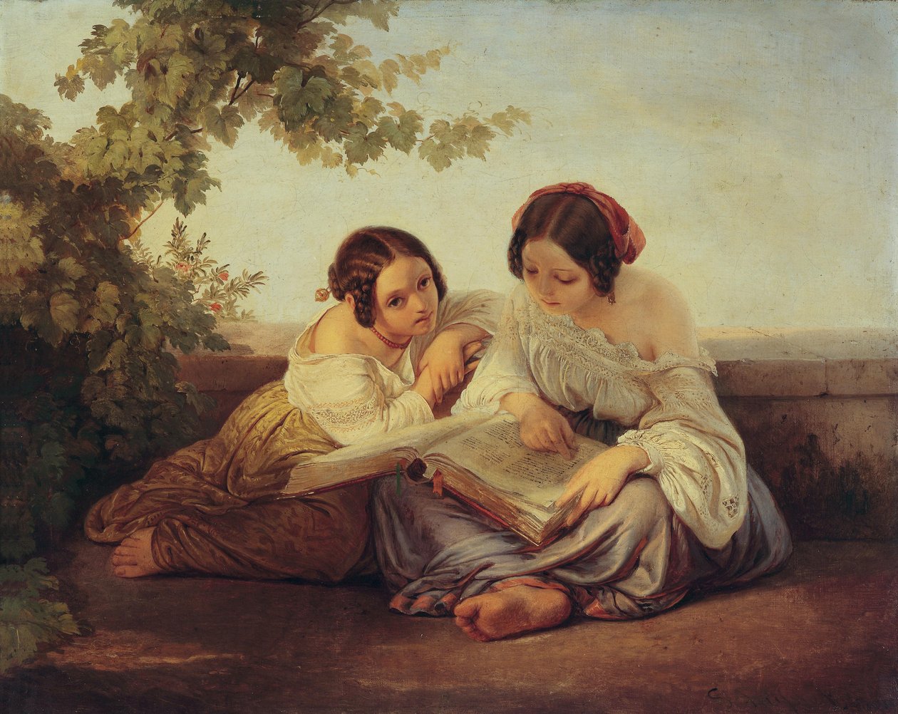 Deux filles lisant devant un paysage - Alfred von Schüssler