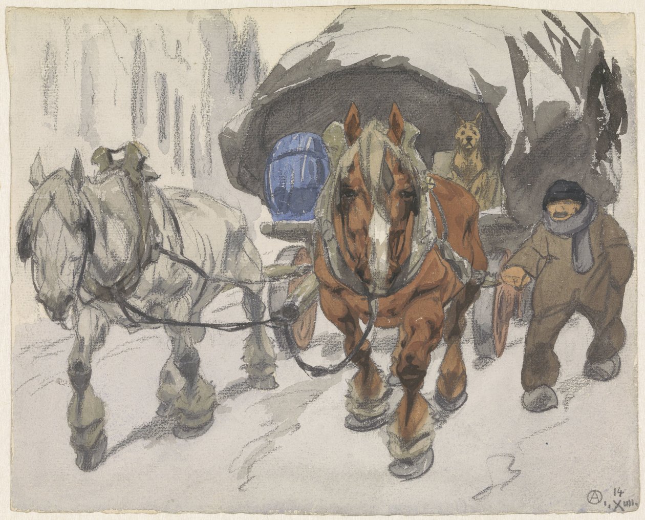 Chariot paysan avec deux chevaux - Alfred Ost