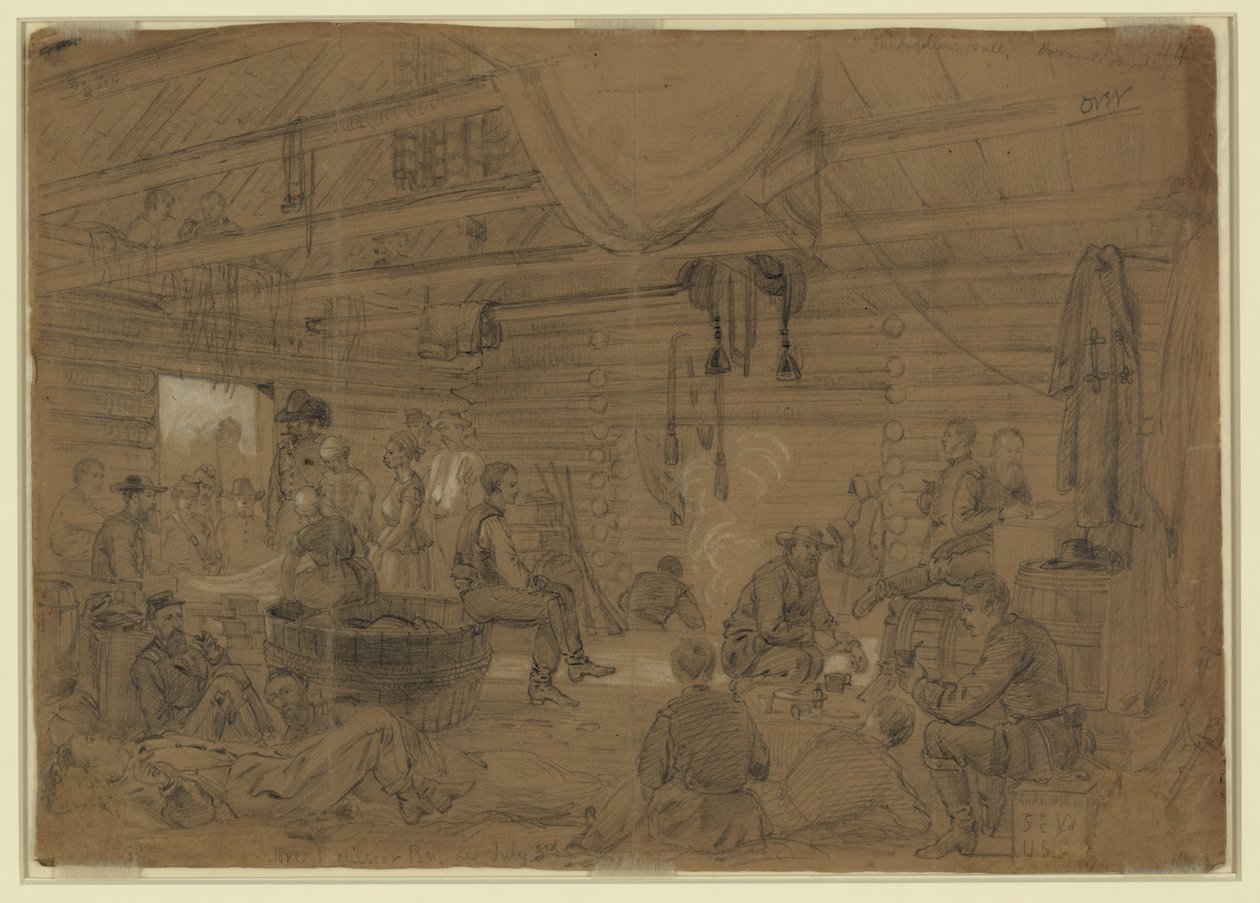 Skedaddlers Hall, Harrisons Landing - Alfred Rudolph Waud