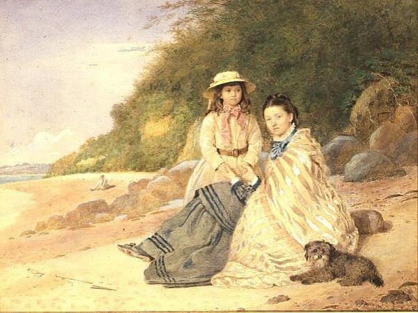 Mère et fille avec chien - Alfred Tidey