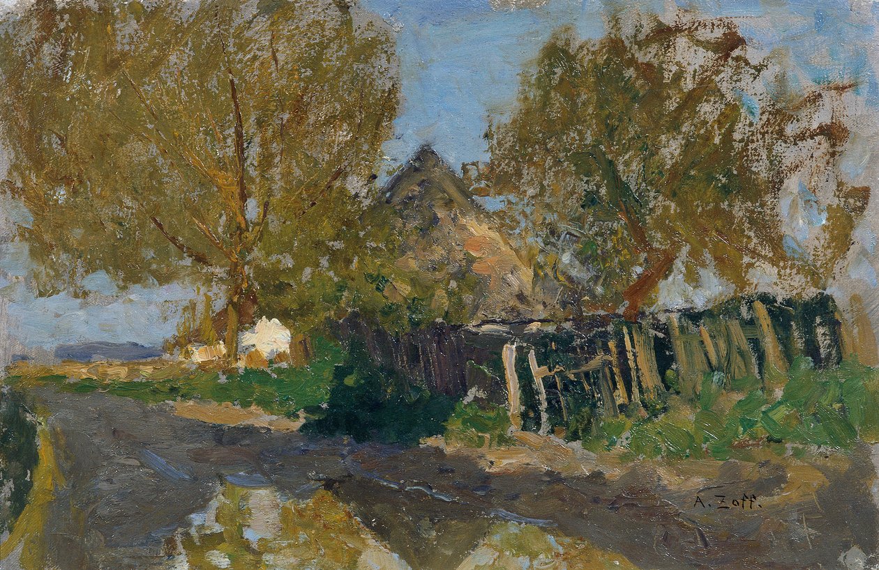 Rue de village avec ferme sous les arbres - Alfred Zoff