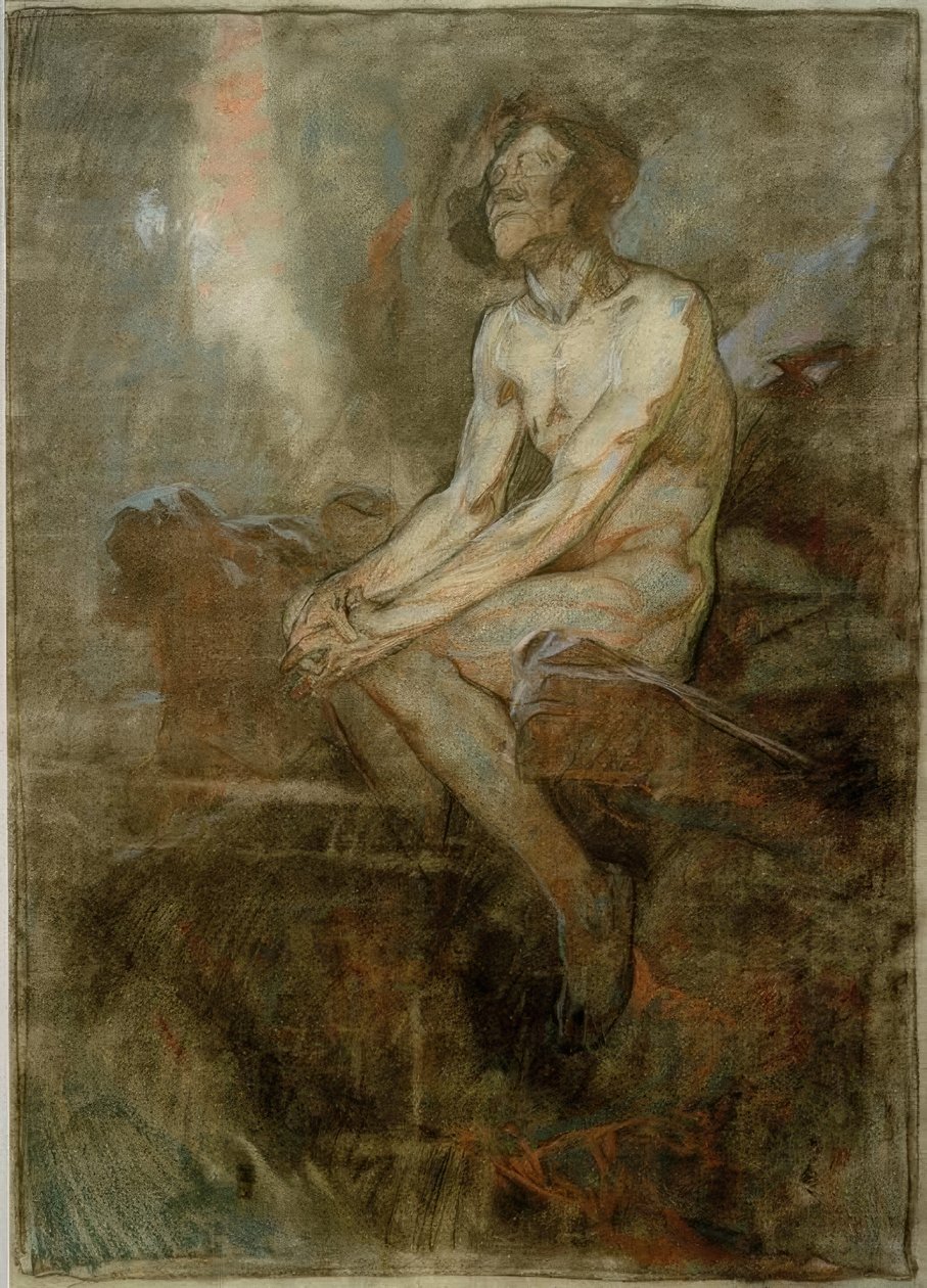 Nu masculin assis sur un rocher - Alphonse Mucha