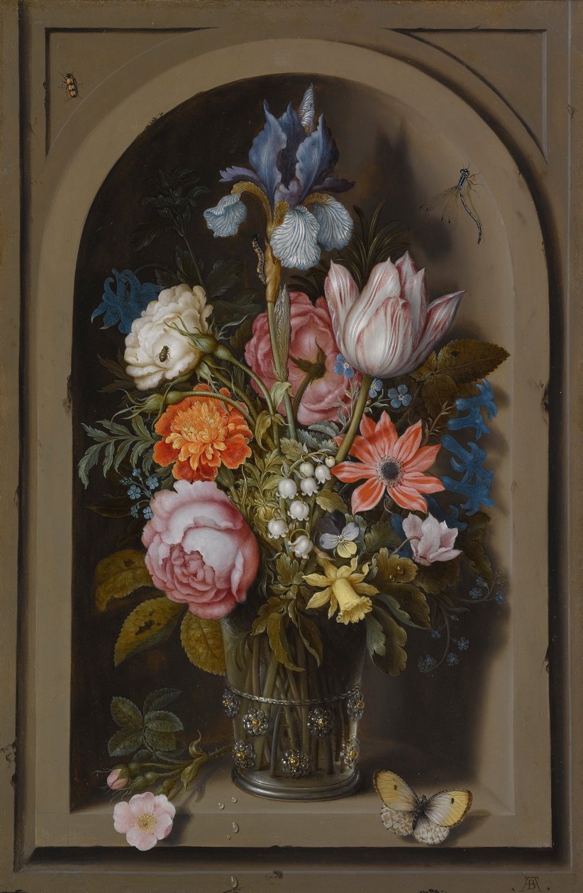Nature morte de fleurs dans un gobelet en verre placé dans une niche en marbre - Ambrosius the Elder Bosschaert
