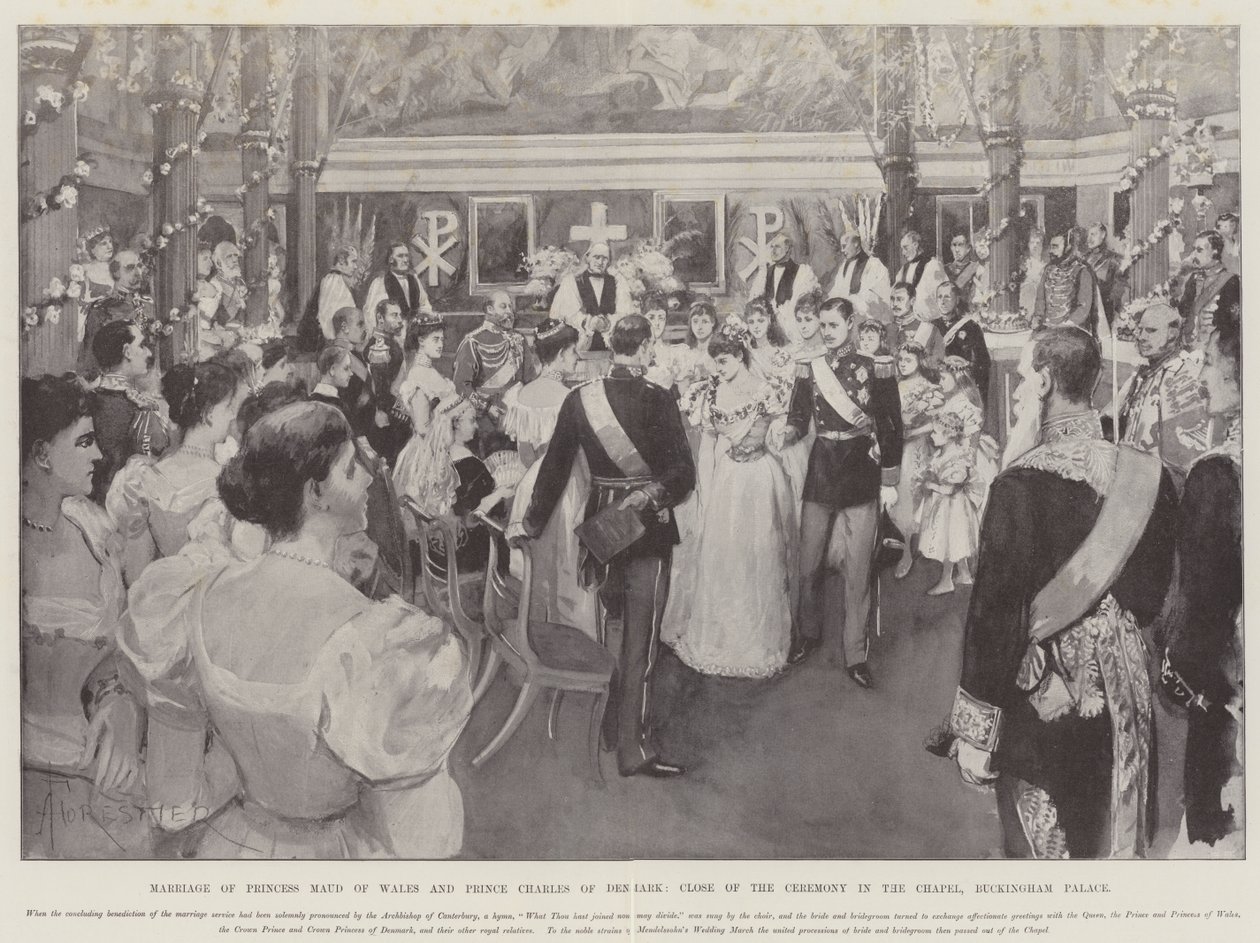 Mariage de la princesse Maud de Galles et du prince Charles de Danemark, fin de la cérémonie dans la chapelle, palais de Buckingham - Amedee Forestier